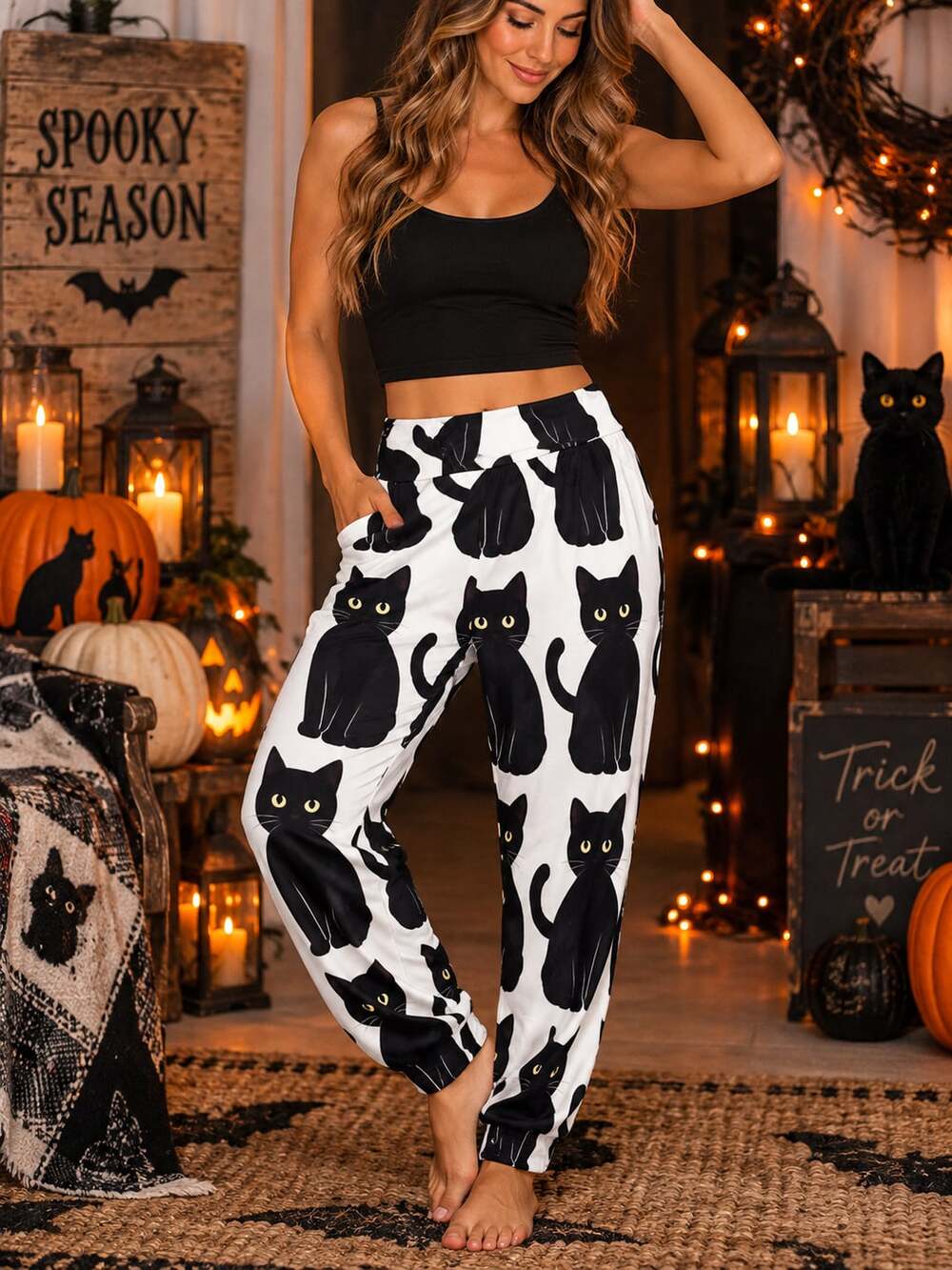 Yuncity Black Cat Print Joggers Size L White Halloween Pajama Pants